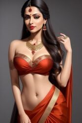 ai_generated bare_shoulders big_breasts bindi black_eyes black_hair cleavage earrings forehead_jewel gold_jewelry hourglass_figure indian indian_clothes indian_female jewelry light-skinned_female light_skin long_hair looking_at_viewer midriff navel necklace red_lipstick ring saree sari simple_background slender_waist slim_waist smile wide_hips