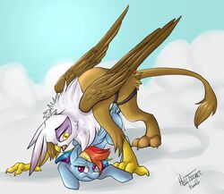 avian clouds dildo equine female friendship_is_magic gilda_(mlp) gryphon hellticket my_little_pony pegasus penetration pussy_juice rainbow_dash_(mlp) sex_toy straight_hair strap-on wings yuri