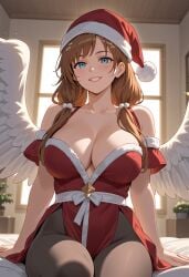 ai_anatomy ai_generated angel_wings bed blue_eyes brown_hair christmas christmas_outfit cleavage female female_only granblue_fantasy large_breasts low_twintails pantyhose raziel_(granblue_fantasy) red_dress sitting sitting_on_bed thick_thighs twintails wings