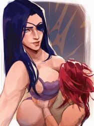 2girls arcane_caitlyn arcane_vi arm_tattoo ass bandaged_arm bandages bare_shoulders black_hair blue_eyes blue_hair bra breast_grab breasts caitlyn_(league_of_legends) cleavage clothing eyepatch female female gloves grabbing hand_on_another's_head kaifu_ato large_breasts long_hair multiple_girls muscular_female pink_hair purple_bra purple_panties red_hair short_hair smile tattoo underwear vi_(league_of_legends) yuri