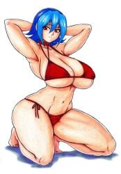 arms_up bikini blue_hair bra closed_mouth female kamishiro_rio legart355 looking_at_another mature_female navel red_eyes rio_kamishiro short_hair solo voluptuous white_background yu-gi-oh! yu-gi-oh!_zexal