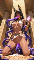 ai_generated animal_ears anubis_ears big_breasts black_hair egyptian egyptian_clothes egyptian_female egyptian_headdress egyptian_mythology jewelry kneeling magic nnnyr running_makeup runny_makeup stable_diffusion tan_body tan_skin tentacle tentacle_penetration tentacle_rape tentacle_sex