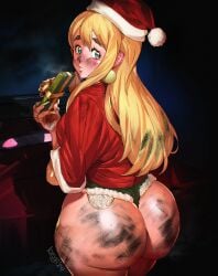 1girls aged_up alternate_version_available ass bbw big_ass black_shorts blonde_hair blue_eyes christmas christmas_outfit dirty dirty_ass dirty_hands fat_ass from_behind gyaru hotpants huge_ass k-on! keigi_(artist) long_fingernails looking_at_viewer plump santa_costume santa_hat shorts solo soot standing sweat thick_ass thick_eyebrows thick_thighs thighs tsumugi_kotobuki_(k-on!) variant_set