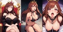 ahe_gao ai_generated angry black_bra black_dress boobs_out brown_hair captured cleavage collar crown crying open_mouth pink_eyes pink_hair smug thong tongue_out