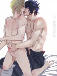 erection final_fantasy final_fantasy_xv kissing male_focus myoutsumi penis topless undressing yaoi