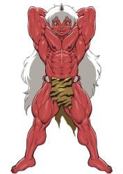 abs areola biceps biped bodily_fluids demon demon_boy demon_horns edging eyebrows hair horn horned_humanoid humanized humanoid long_hair male male_focus muscular muscular_humanoid muscular_male nipples oni original original_character partially_clothed pokkuti red_body red_skin solo twunk white_hair