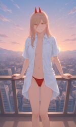 ai_generated balcony city cityscape female horns midriff navel panties power_(chainsaw_man) standing thong unbuttoned_shirt underwear white_shirt