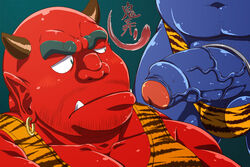 2boys bara big_penis blue_oni blue_skin demon earring fangs gay horns huge_cock japanese_mythology loincloth male male_only muscles mythology oni penis pointy_ears precum red_oni red_skin uncensored yaoi