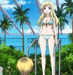 1boy anime_screencap big_breasts bikini blonde_hair blue_bikini boku_wa_tomodachi_ga_sukunai breasts busty child_bearing_hips cleavage curvy female highres large_breasts legs long_hair male navel open_mouth pool screencap sena_kashiwazaki sensual short_hair stitched swimsuit thighs third-party_edit wide_hips