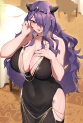 1girls alternate_costume bare_shoulders black_dress black_horns breasts camilla_(fire_emblem) cleavage clothing_cutout dress fake_horns female female_only fire_emblem fire_emblem_fates hair_ornament hair_over_one_eye highres horns huge_breasts indoors long_hair looking_at_viewer meme_attire modakawa_dress monoi_daru nintendo one_eye_covered purple_eyes purple_hair sleeveless sleeveless_dress smile solo very_long_hair wavy_hair