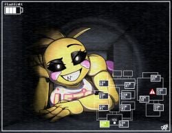 2024 animatronic anthro avian bird breasts chicken clothing crawling digital_media_(artwork) dino20bryan eyeshadow female fingers five_nights_at_freddy's five_nights_at_freddy's_2 galliform gallus_(genus) gameplay_mechanics hi_res looking_at_viewer machine makeup map phasianid robot scottgames signature smile solo teeth toy_chica_(fnaf) vent yellow_body