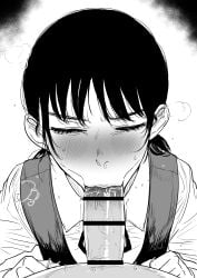 1boy 1boy1girl 1girls black_and_white black_hair blush blush chainsaw_man closed_eyes clothed clothed_sex embarrassed eyes fellatio female female_focus greyscale kaiman_garupan mitaka_asa monochrome oral oral_sex red_ears saliva school_uniform schoolgirl sex sweat twitching uniform