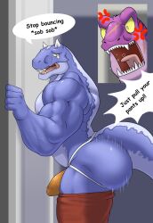 2024 abelisaurid alphamoonlight anthro ass barazoku biceps big_bulge big_butt big_muscles bodily_fluids bottomwear bottomwear_down bouncing_butt bubble_butt bulge carnotaurus clothed clothing cross-popping_vein crying cutaway deltoids dialogue dinosaur door duo english_text frown hi_res horn huge_butt huge_muscles humor inside jockstrap male motion_lines muscular muscular_anthro muscular_male open_mouth pants pants_down partially_clothed pecs reptile sad scales scalie side_view solo_focus standing tears teeth text theropod thick_thighs tongue topless topless_anthro topless_male tyrannosaurid tyrannosauroid tyrannosaurus tyrannosaurus_rex underwear yelling