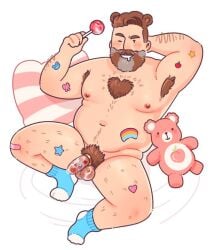 1boy animal_ears armpit_hair armpit_hair_peek bandaid bandaid_on_knee bandaid_on_leg bara bear_ears beard belly blush body_fur brown_hair candy chest_tuft cock_ring completely_nude condom condom_on_penis cum_on_penis drooling excessive_armpit_hair facial_hair fat fat_man flaccid food full_beard full_body hairy heart-shaped_body_hair holding lgbt_pride lollipop looking_at_viewer lying male_focus male_pubic_hair mature_male navel navel_hair nipples nude on_back one_eye_closed original peach_emoji penis pillow pink_bandaid porramarquinhos pubic_hair rainbow_print seductive_smile sex_toy short_hair smile socks solid_circle_eyes solo sparse_arm_hair sparse_chest_hair sparse_leg_hair stomach streaked_beard stuffed_animal stuffed_toy teddy_bear thick_beard thick_eyebrows thick_thighs thighs too_many_stickers uncensored