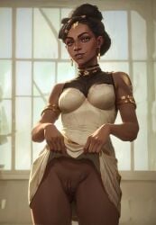 1girls 2d ai_generated arcane choker dark-skinned_female dress_lift earrings fakeshit league_of_legends lifting_clothing mel_medarda pussy smile solo standing white_dress