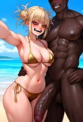 1boy 1girls ai_generated arm_up armpits beach big_penis bikini blonde_hair blue_sky blush boku_no_hero_academia clothed_female_nude_male clouds dark-skinned_male double_bun duderu fangs gold_bikini hair_bun hand_on_hip hi_res high_resolution highres himiko_toga huge_cock interracial large_penis medium_breasts messy_hair muscular muscular_male my_hero_academia navel ocean open_mouth outdoors sand selfie side-tie_bikini sky smile standing stomach teeth thick_thighs thighs toga_himiko veiny veiny_penis water yellow_eyes