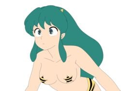 1girls 2013 bikini blue_eyes breasts busakumas female green_hair highres horns humanoid large_breasts light-skinned_female light_skin long_hair lum oni pointy_ears princess tiger_print urusei_yatsura vector_trace