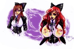 absurdres before_and_after bimbofication breast_expansion breasts erza_scarlet fairy_tail femsub hair_growth huge_breasts huge_nipples lactation large_breasts large_lips maid red_hair see-through sketch traditional trampy_hime transformation