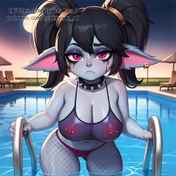 1girls ai_generated alternate_costume bedroom_eyes bikini_bottom black_hair choker cleavage curvy female fishnets grey_skin huge_breasts league_of_legends looking_at_viewer nipple_piercing nipples nipples_visible_through_clothing noxus_poppy pool poolside poppy see-through_clothing shortstack solo swimsuit tank_top turkeyman_ai twintails violet_eyes wet_body wet_skin yordle