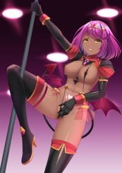 1girls black_one-piece_swimsuit black_swimsuit breasts core_crystal corruption demon_tail demon_wings elbow_gloves gloves high_heel_boots high_heels hypnosis large_breasts looking_at_viewer midriff mind_control navel nintendo one-piece_swimsuit pole pubic_tattoo purple_hair pyra ravengenesis short_hair slingshot_swimsuit stripper stripper_pole swimsuit tattoo thighhigh_boots tiara xenoblade_(series) xenoblade_chronicles_2 yellow_eyes