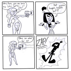 angry bikini bikini_top blush boots comic danny_phantom dark_skin dustindemon earring embarrassing female female_only funny goth gun hairband human lipstick long_hair multiple_females nickelodeon ponytail prank sam_manson smile valerie_gray weapon