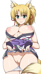 animal_ears areolae blonde_hair bridal_gauntlets cleft_of_venus curvy dog_days fingerless_gloves fox_ears fox_tail gloves highres innie_pussy japanese_clothes kimono masa_yuki open_clothes panties plump_labia puffy_nipples pussy smile solo tail underwear white_background yukata yukikaze_panettone