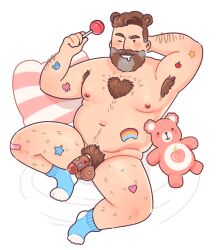 1boy absurdres animal_ears armpit_hair armpit_hair_peek bandaid bandaid_on_knee bandaid_on_leg bara bear_ears beard belly blush body_fur brown_hair candy chest_tuft cock_ring completely_nude drooling excessive_armpit_hair facial_hair fat fat_man flaccid food full_beard full_body hairy heart-shaped_body_hair highres holding lgbt_pride lollipop looking_at_viewer lying male_focus male_pubic_hair mature_male navel navel_hair nipples nude on_back one_eye_closed original peach_emoji penis pillow pink_bandaid porramarquinhos pubic_hair rainbow_print seductive_smile sex_toy short_hair smile socks solid_circle_eyes solo sparse_arm_hair sparse_chest_hair sparse_leg_hair stomach streaked_beard stuffed_animal stuffed_toy teddy_bear thick_beard thick_eyebrows thick_thighs thighs too_many_stickers uncensored