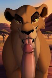 ai_generated blowjob disney disney_villains fellatio female female_focus feral feral_female feral_on_human human human_penis humanoid_genitalia humanoid_penis licking licking_penis lion lioness looking_at_viewer male_human/female_feral male_on_feral seducing_viewer seductive seductive_eyes seductive_look seductive_smile the_lion_king the_lion_king_ii:_simba's_pride zira zoophilia