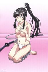 1girls barefoot black_hair breast_suppress breasts feet manyuu_hikenchou nipples official_art sayama_ouka solo sweat