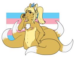 1cuntboy absurd_res anthro blonde_hair blue_bow blue_eyes brown_eyes brown_nose canid canine confident cuntboy flat_colors fox fur genitals hair heterochromia hi_res intersex lgbt_pride long_hair lucian_(thecatherd) mammal mastectomy_scar multi_tail nipples pink_nipples pink_pussy ponytail pride_color_background pride_colors pussy scar sectoral_heterochromia simple_background smile smirk solo surgical_scar tail thecatherd trans_flag transgender_pride_colors white_body white_fur yellow_body yellow_fur