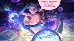 big_breasts breasts_out dialogue edit league_of_legends luxanna_crownguard milkers space_groove_lux space_groove_series splash_art topless writing_on_body