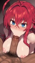 1boy :>= ahoge blue_eyes breasts collarbone completely_nude fellatio female from_above high_school_dxd highres large_breasts latino_male long_hair male_pubic_hair nipples nt00 nude oral penis pubic_hair red_hair rias_gremory solo_focus straight sweat tan-skinned_male uncensored