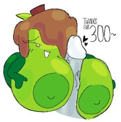 1girl1boy 1girls apple big_ass big_breasts big_penis candy_apple caramel_apple_(qwiuo) dialogue female female_only food food_creature green_areola green_body green_nipples huge_breasts not_furry object_shows open_mouth original_character pseudo_hair qwiuo text titjob white_eyes