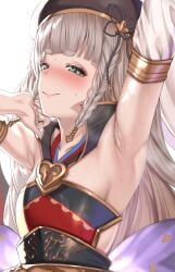 1girls absurdres aldehyde armpit_hair armpits dress female female_only granblue_fantasy green_eyes long_hair pholia short_eyebrows silver_hair small_breasts smirk solo