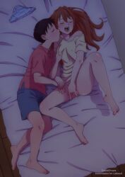 1boy 1girls asuka_langley_sohryu barefoot blush covered_nipples female fingering fingering_self grabbing grabbing_another's_breast hi_res licking masturbation neon_genesis_evangelion open_mouth orange_hair pubic_hair pussy saliva shinji_ikari spread_legs susukidraws