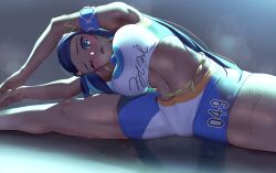 1girls ;o athletic athletic_female big_breasts blue_eyes blue_hair blush breasts clothed clothing commentary creatures_(company) crop_top dark-skinned_female dark_skin game_freak gym_leader haska_(user_gure4787) long_hair looking_at_viewer midriff navel nessa_(pokemon) nintendo one_eye_closed open_mouth pokemon pokemon_(game) pokemon_ss reflection reflective_floor short_shorts shorts skin_tight solo splits spread_legs stretching swimsuit tankini thick_thighs thighs wet_body wink