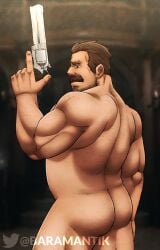 back_view baramantik barry_burton bbm big_butt gun muscular_male overweight_male resident_evil solo_male