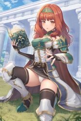 1girls alternate_costume arm_guards armor armored_boots bare_thighs belt black_gloves black_skirt black_thighhighs blush book boots breastplate breasts brown_belt cape celica_(fire_emblem) celica_(valentia's_hope)_(fire_emblem) day detached_collar earrings female female_only fingerless_gloves fire_emblem fire_emblem_echoes:_shadows_of_valentia fire_emblem_heroes gloves gold_trim grass headpiece holding holding_book jewelry kamuchin_soda long_hair looking_at_viewer medium_breasts nintendo o-ring official_alternate_costume on_ground on_one_knee outdoors panties pantyshot pillar red_eyes red_hair shirt skirt solo thighhighs thighs underwear white_cape white_panties white_shirt