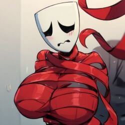 ai_generated big_breasts gangle_(the_amazing_digital_circus) gangle_with_thick_ribbons mask masked_female pixai red_ribbons the_amazing_digital_circus thick_hips thick_thighs