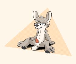 anthro anus balls blue_eyes brown_body brown_fur erection fur genitals grin hi_res lagomorph leporid male mammal narrowed_eyes naughty_face orange_background pawpads paws penis rabbit simple_background sitting smile solo tinnier