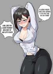 1girls arms_up big_breasts black_hair blush blushing busty chainsaw_man child_bearing_hips clevage clothed dark_hair english_text female female_only fully_clothed hairclip higashiyama_kobeni hips large_breasts light-skinned_female light_skin mg99 shounen_jump text thick thick_thighs thighs tight_clothes tight_clothing wide_hips