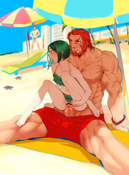 2boys barefoot beach beard bikini bikini_aside black_eyes blush censor_bar censored cowgirl_position cuntboy exhibitionism facial_hair fate/zero fate_(series) feet frilled_bikini frills gae_buidhe gae_dearg green_hair hidden intersex iskandar_(fate) lancer_(fate/zero) motsu_(kk_3) multiple_boys planted_weapon popsicle public public_sex pussy red_eyes red_hair reverse_cowgirl_position rider_(fate/zero) rule_63 sensha_otoko sex shoggoth short_hair sitting_on_lap sitting_on_penis sitting_on_person size_difference stealth_sex straddle swim_trunks swimsuit toes umbrella under_clothes vaginal_penetration waver_velvet weapon