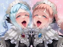 2girls asymmetrical_docking bangs blue_background blue_eyes blue_hair blush breast_press breasts brown_hair felicia_(fire_emblem) female female_only fire_emblem fire_emblem_fates flora_(fire_emblem) grey_eyes heavy_breathing jewelry light_blue_hair lips long_hair looking_at_viewer maid maid_headdress medium_breasts micaiah_mrmm multiple_girls musk nintendo open_mouth pink_background pink_hair ponytail siblings sidelocks simple_background sisters smile sound_effects tongue tongue_out twins twintails upper_body