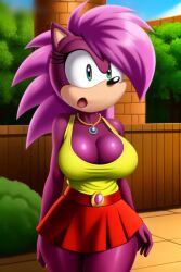 ai_generated ass breasts confused hips magenta_fur nippels oiled outside pink_hair sega shiny_skin shirt skirt sonia_the_hedgehog sonic_(series) sonic_the_hedgehog_(series) sonic_underground surprised tagme two_tone_body