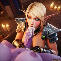 3d ai_generated blonde_hair blowjob blue_eyes blush blush_lines cum_in_mouth cum_on_face elf elf_ears elf_female female futa_on_female futa_pov futanari high_elf junktrader night_elf pauldrons pointy_ears self_upload world_of_warcraft