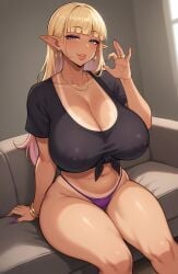 1girls ai_generated bikini_bottom bikini_tan blonde_hair breasts covered_nipples earrings elf elf_ears elf_female fellatio_gesture female gyaru hi_res hips huge_breasts long_ears long_hair looking_at_viewer massive_breasts naughty_face nipple_piercing nipples_visible_through_clothing no_bra original original_character pointy_ears purple_nails see-through_clothing stable_diffusion stuffyai tan tan-skinned_female tanlines tanned_skin thick_thighs wide_hips