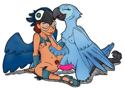 anthro avian bird blue_sky_studios breasts dildo eyeswear female glasses human jewel_(rio) linda_gunderson macaw nipples nude parrot pussy rio_(film) rio_(series) sex sex_toy toy unshaved_pussy yuri