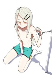 1girls blonde_hair female female_focus female_only gakuen_idolmaster hairclip handcuffed handcuffs handcuffs_on_ankles idolmaster long_hair looking_at_viewer nipples orange_eyes pale-skinned_female pale_skin petite pink_nipples puffy_nipples renge3daime shinosawa_hiro shorts simple_background skinny skinny_girl small_breasts topless visible_ribs white_background