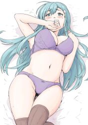 aqua_eyes aqua_hair blush bow bow_bra bow_panties bra breasts cleavage covering_own_mouth female hair_ornament hairclip hand_over_own_mouth highres kantai_collection large_breasts looking_at_viewer lying navel on_back panties purple_bra purple_panties solo suzuya_(kantai_collection) thighhighs underwear vent_arbre