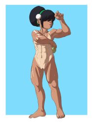 1girls abs aged_up avatar_legends avatar_the_last_airbender black_hair earth_kingdom female gfd43 hair_over_eyes muscular muscular_female nude pussy solo tanline toph_bei_fong